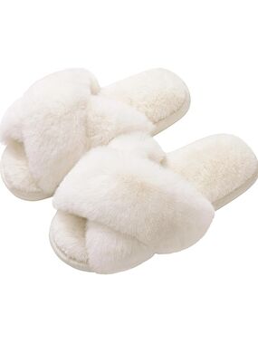 Plush Cross-Band Faux Fur Slide Slippers - Ivory